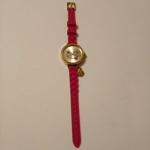 Justice Winky Face Dangle Charm Rhinestone Bezel Gold Tone Pink Quartz Watch